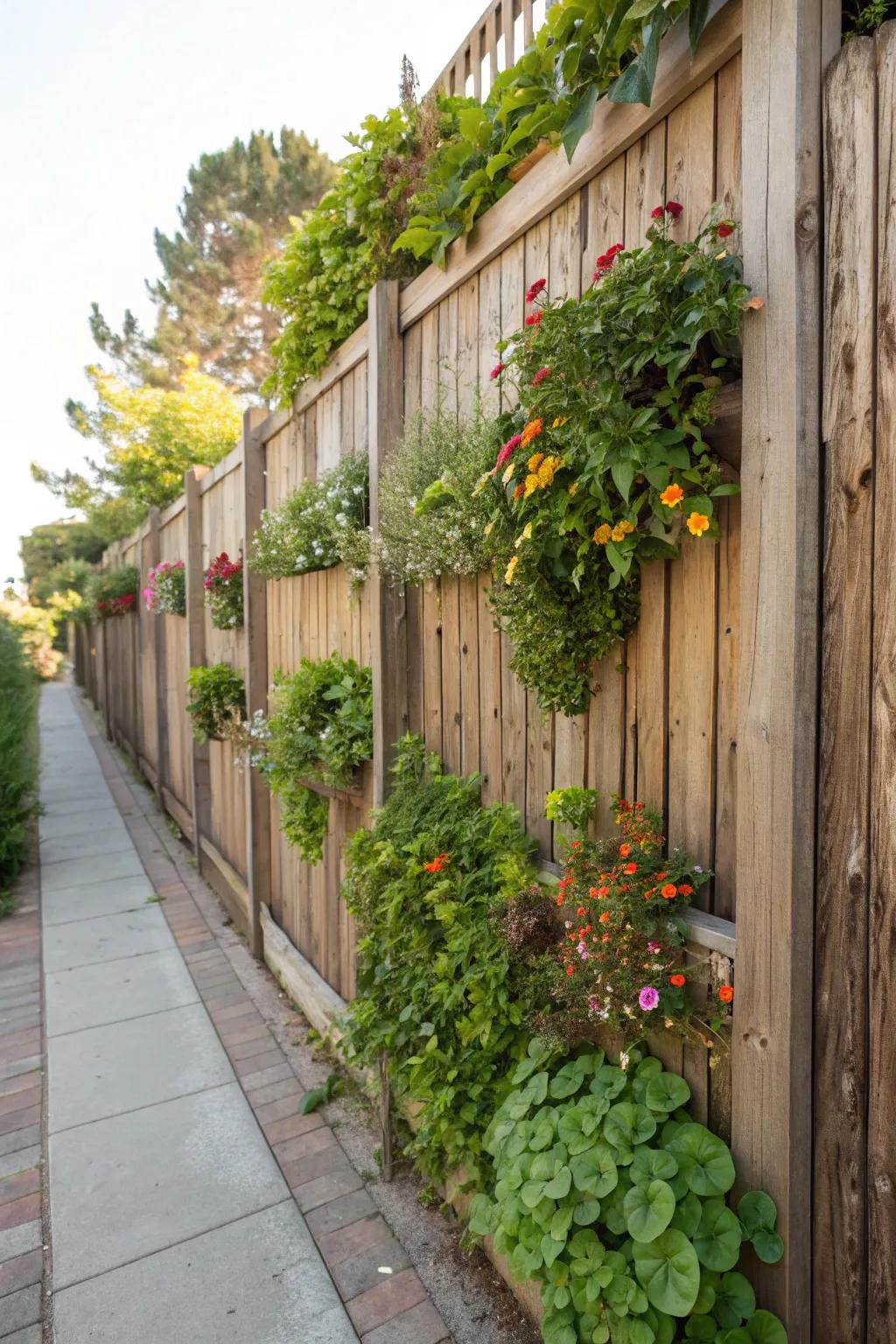 Create your own vertical garden for a refreshing fence decoration.