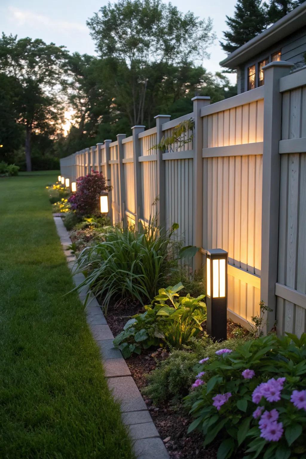 Integrated LED panels on a backyard fence create a modern and inviting atmosphere.