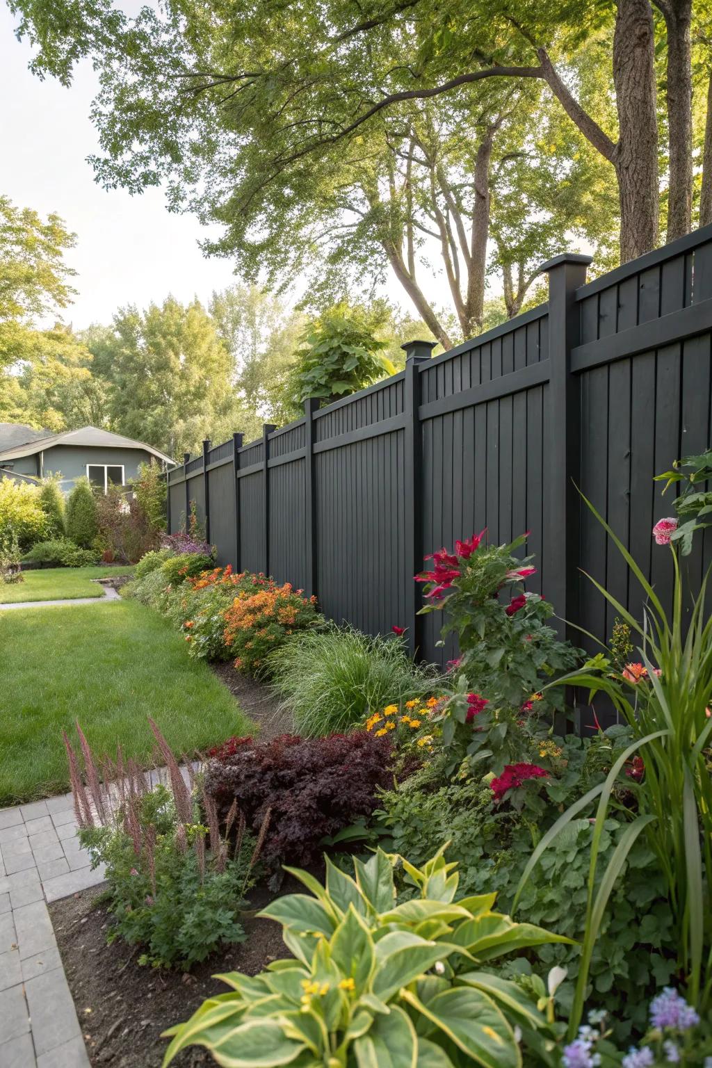 Dark charcoal fence provides a striking contrast to vibrant greenery.