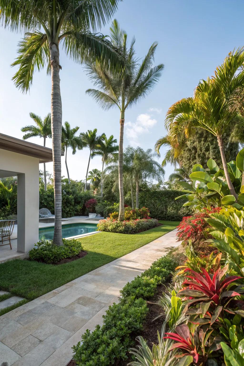 A tropical plant paradise with palm trees and vibrant shrubs.