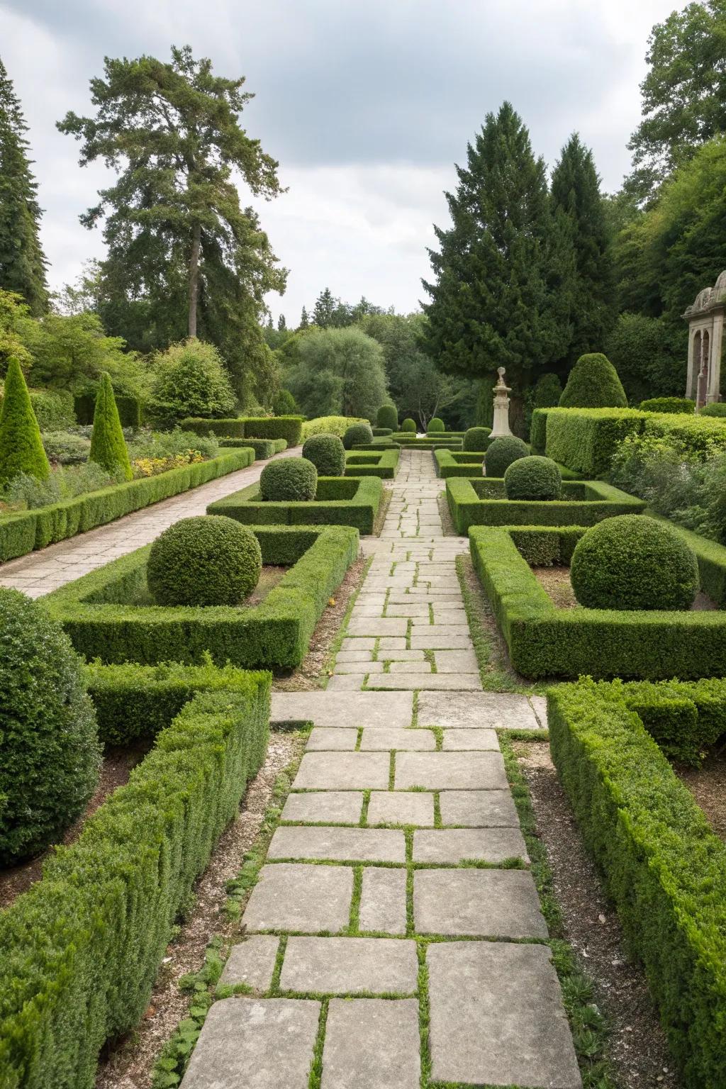 Symmetrical garden layouts with boxwood hedges and stone pathways