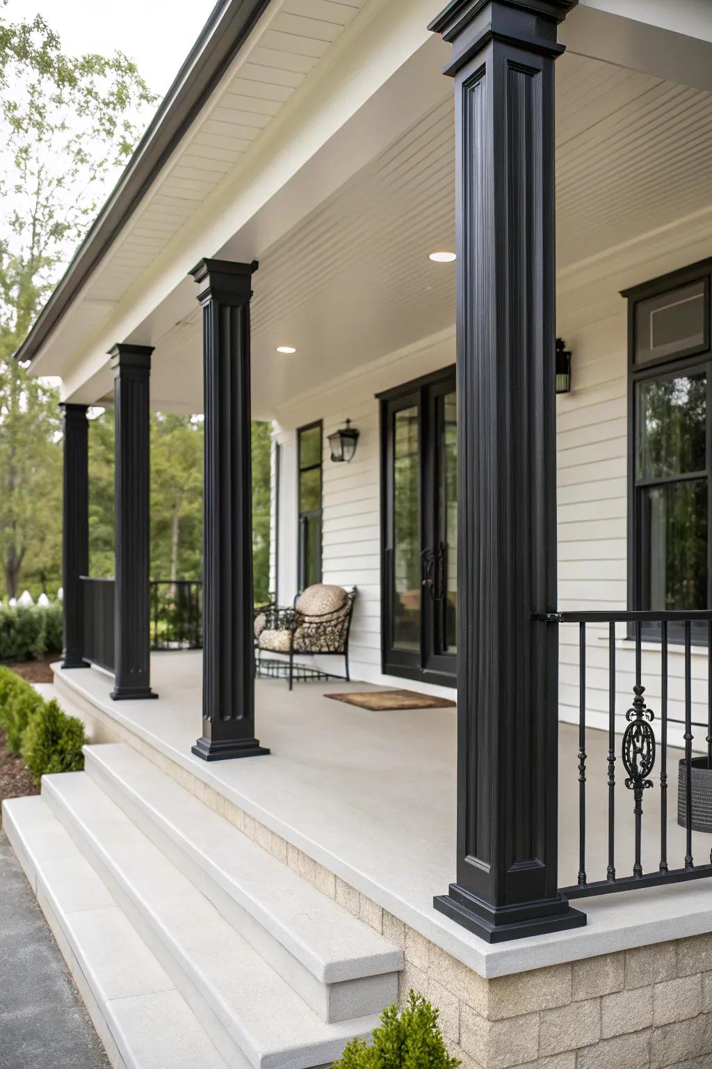 Black metal columns create a striking modern look on this front porch.