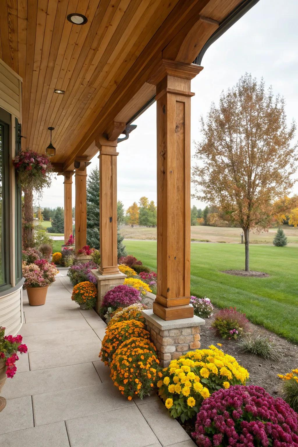 Wooden pillars add a warm, inviting touch to any porch.