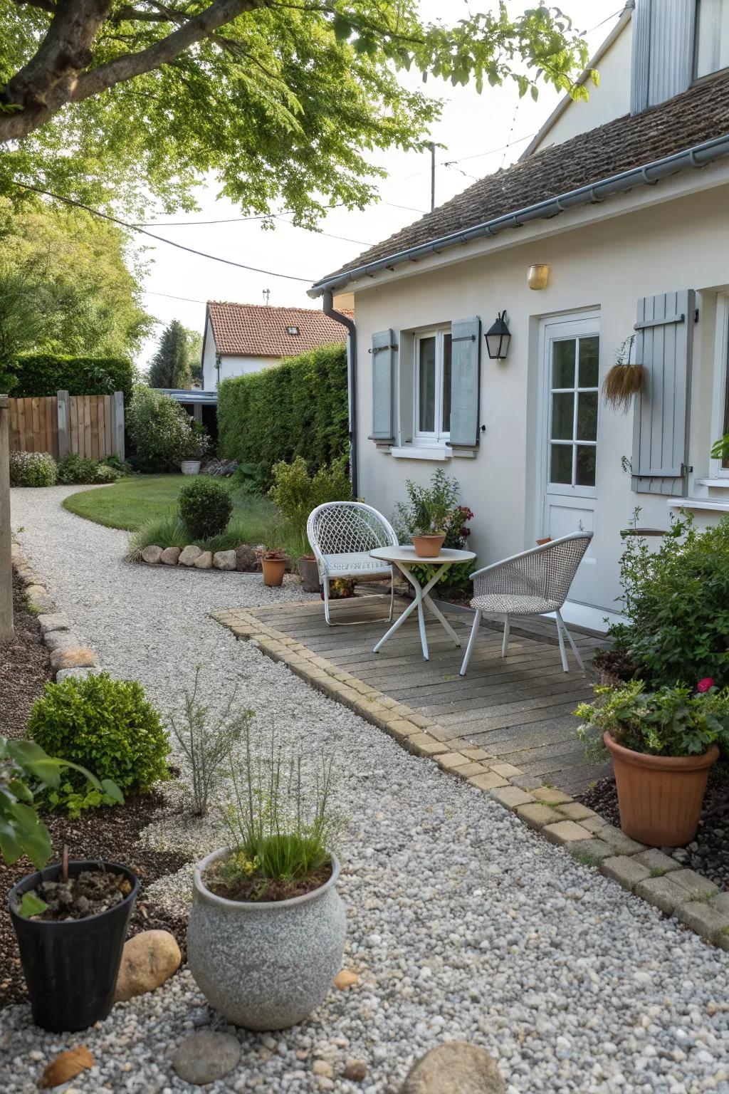 Gravel provides a modern, low-maintenance ground cover.