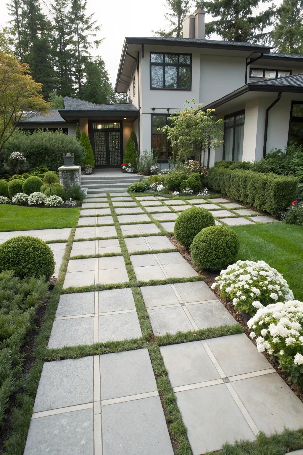 Geometric patterns enhancing the modern look of a front yard.