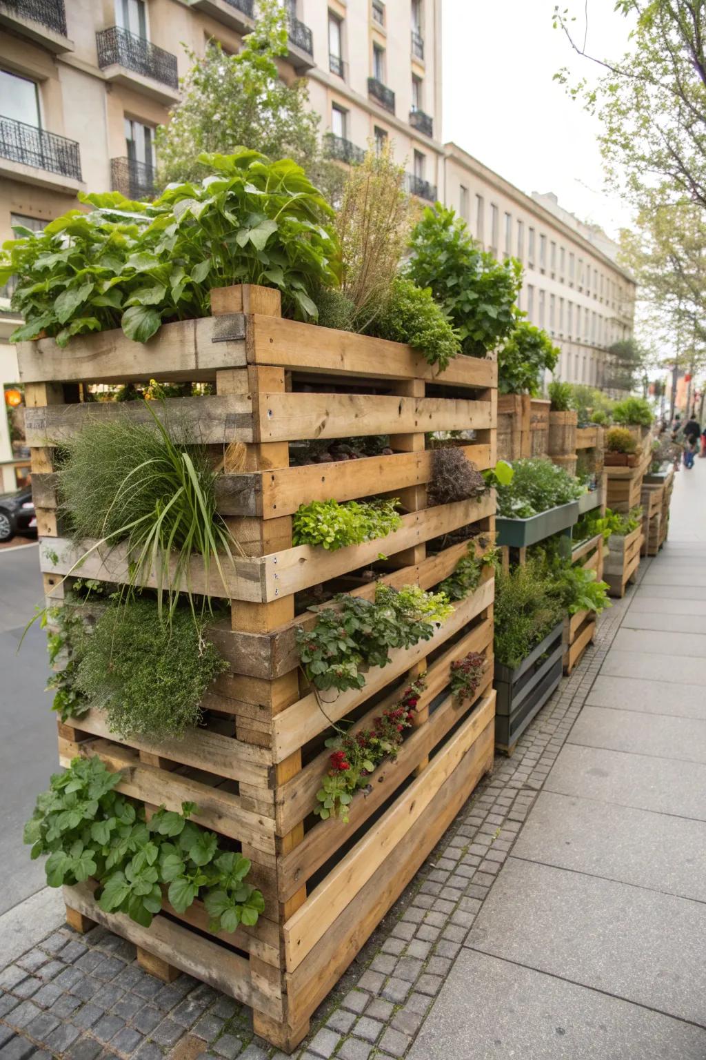 Vertical garden made from wooden pallets, ideal for small spaces.