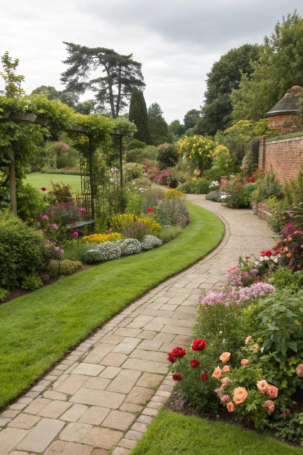 A garden with paved areas smoothly transitioning into grass and flower beds.