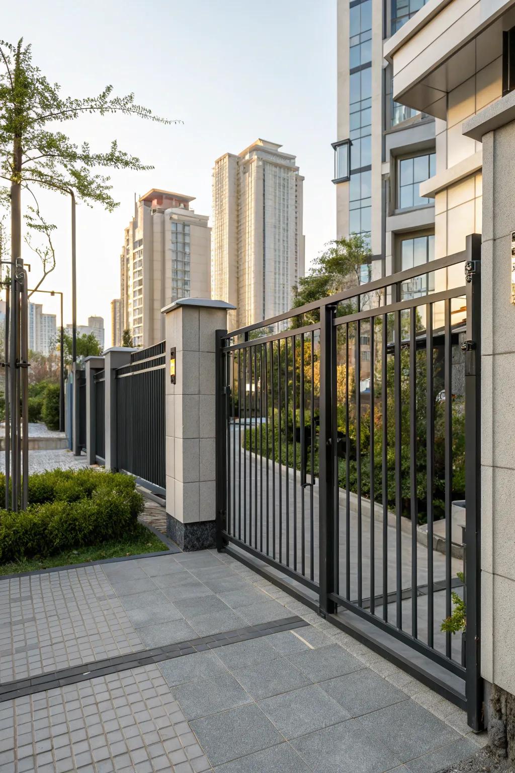 A sleek metal gate with clean lines in an urban setting.