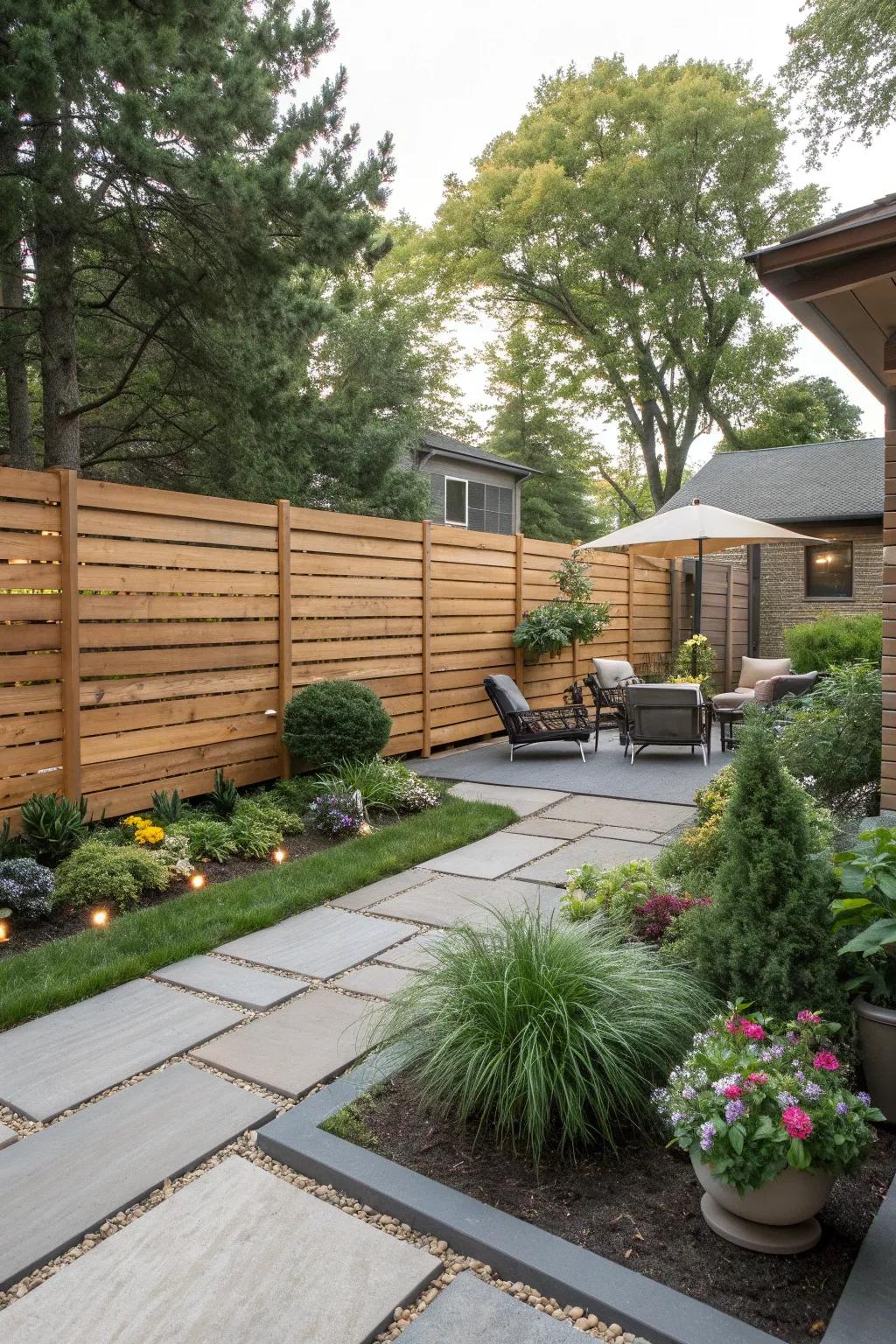 Horizontal slat fences bring modern elegance to any backyard.