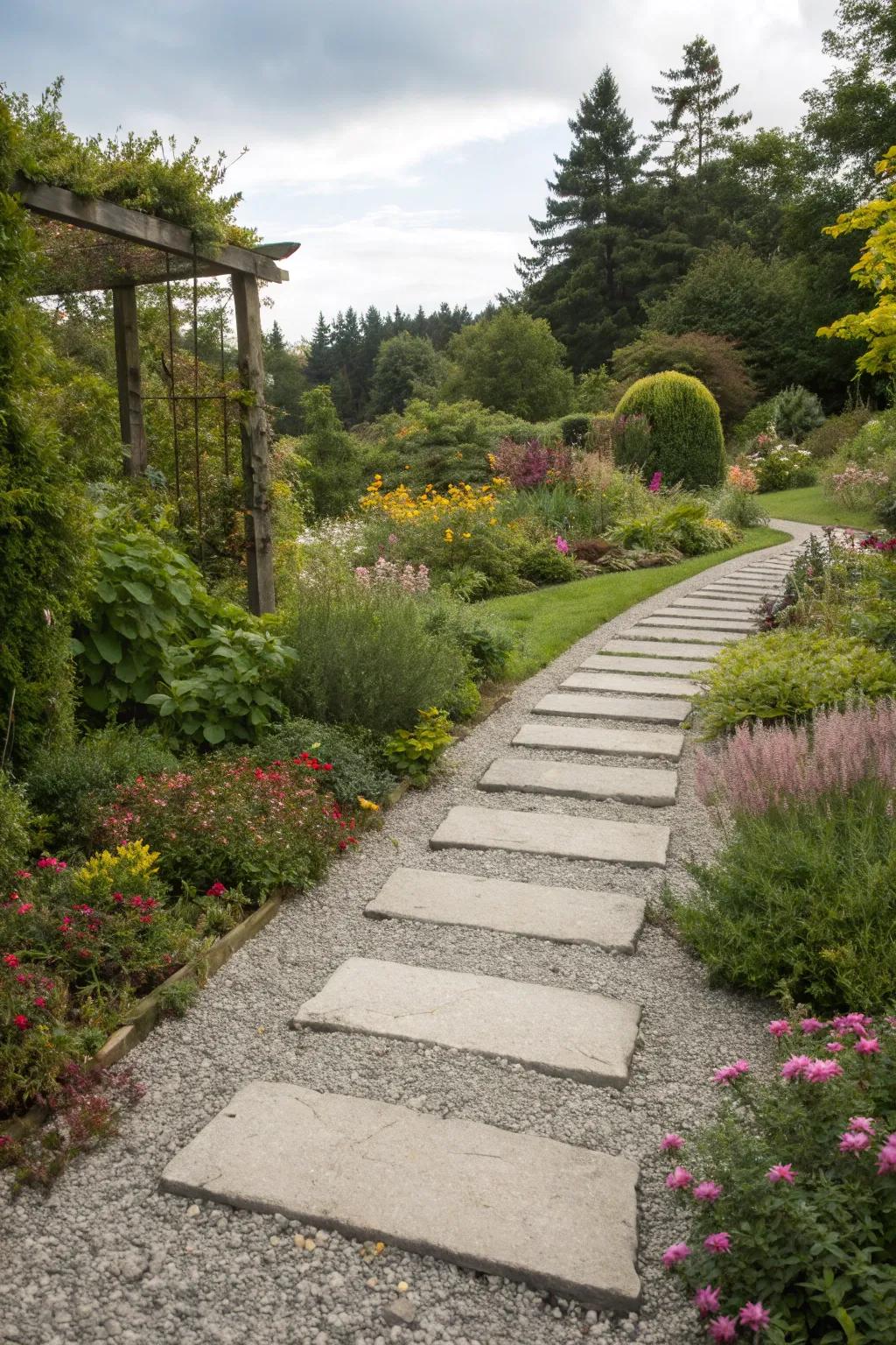 A modern gravel pathway with stepping stones for a clean, stylish look.