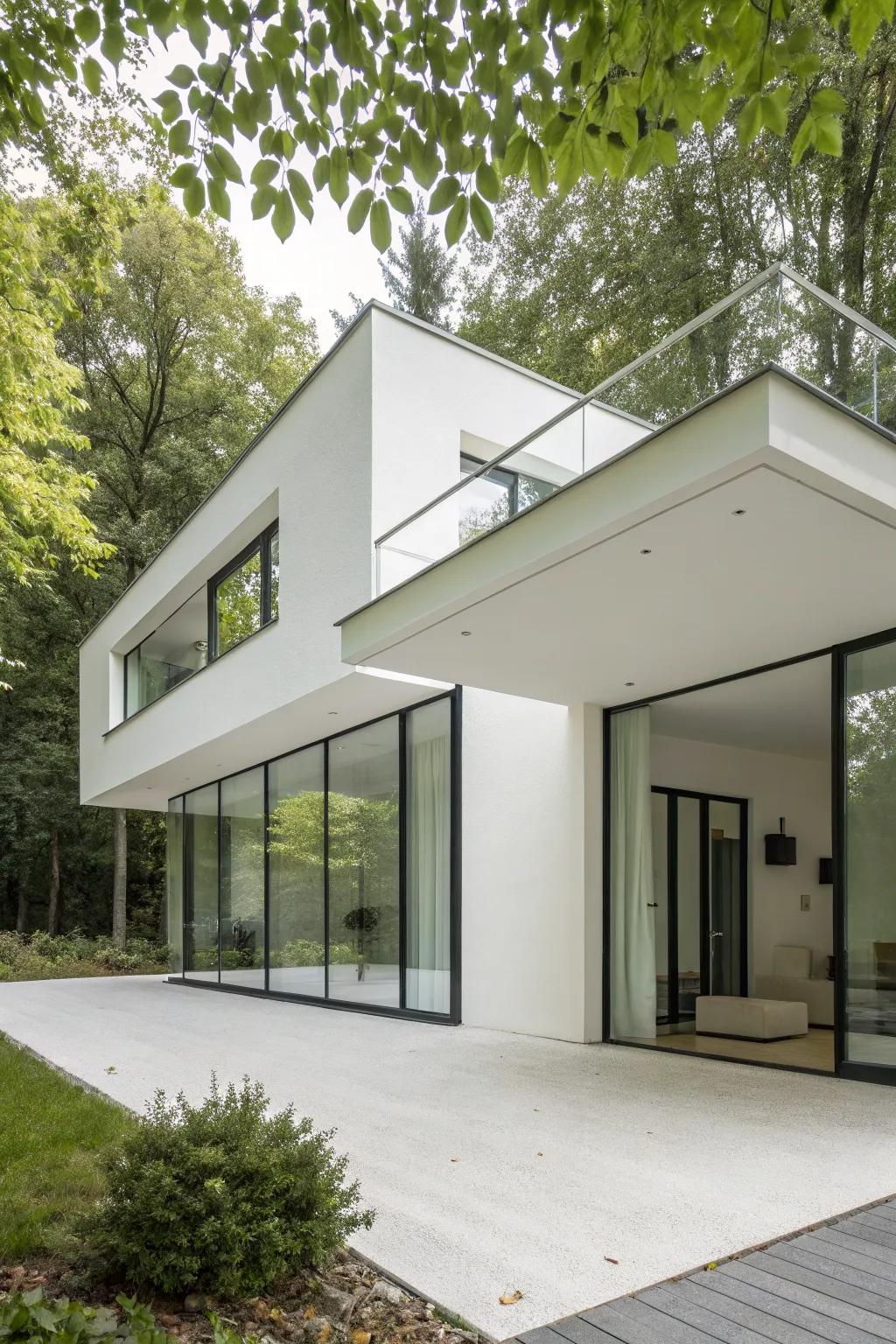 A minimalist facade with clean lines and a serene white palette.