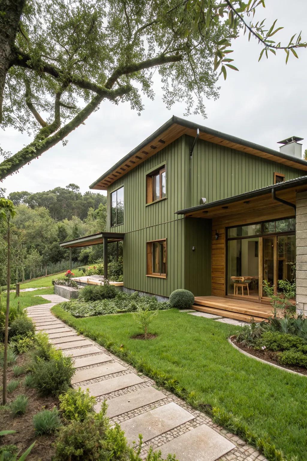 A modern house painted in olive green, harmonizing with natural wood accents and garden.