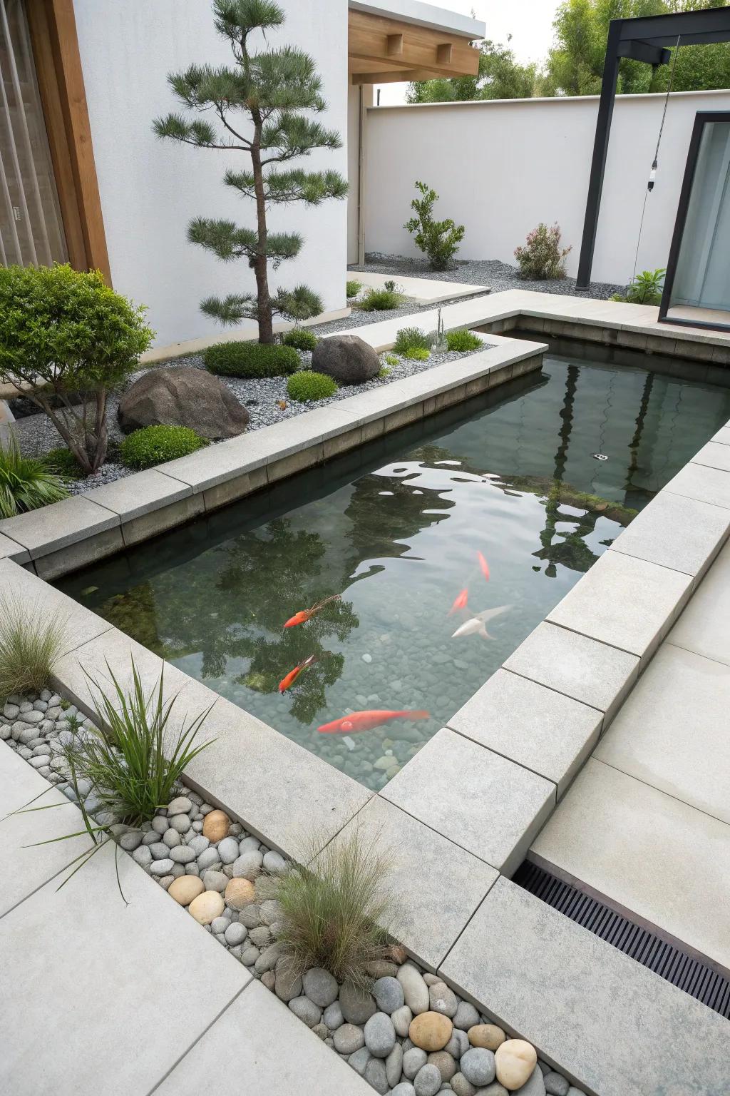 Simplicity meets elegance in this minimalist koi pond design.