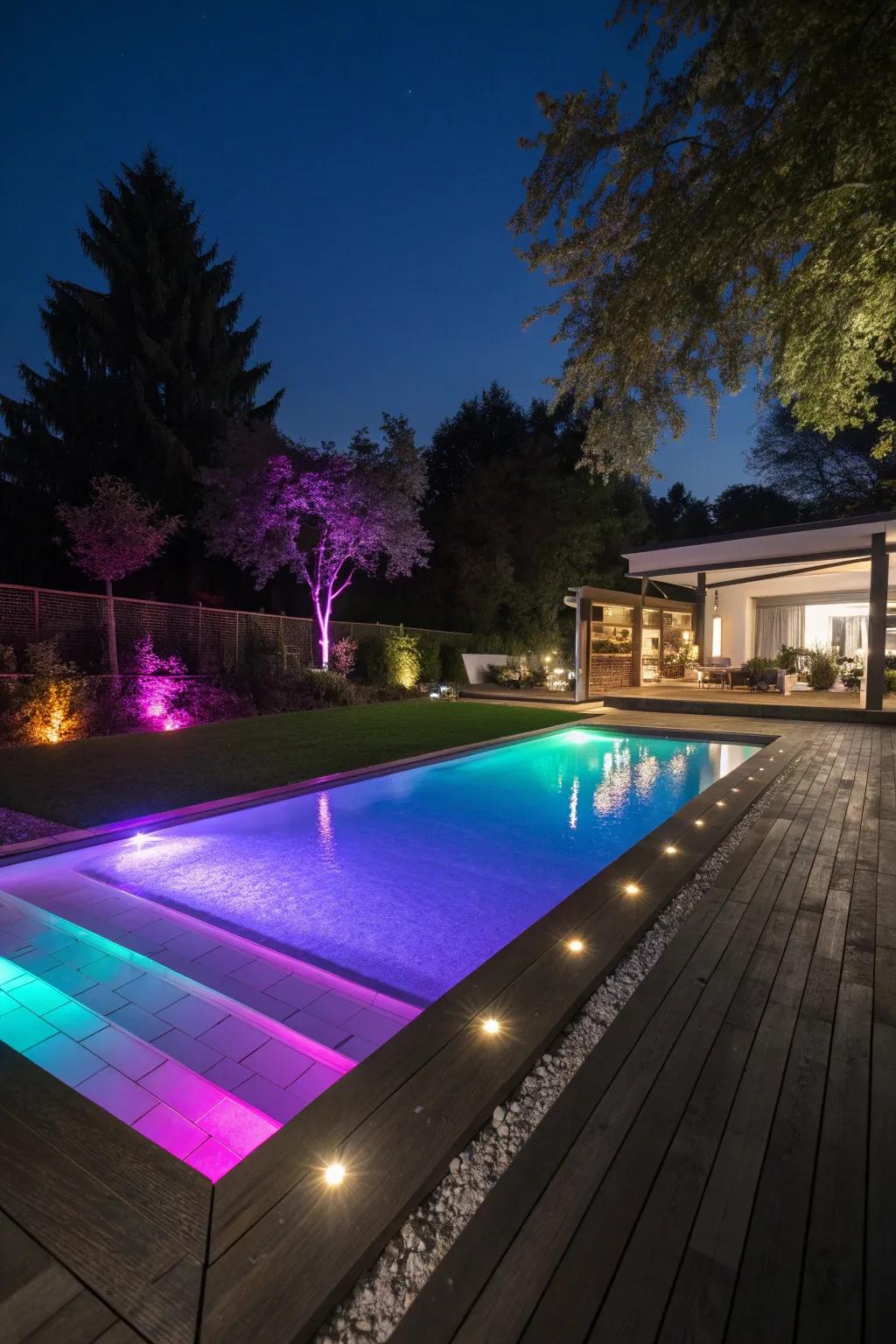 An evening view of a pool illuminated by underwater LED lights, creating a cozy atmosphere.