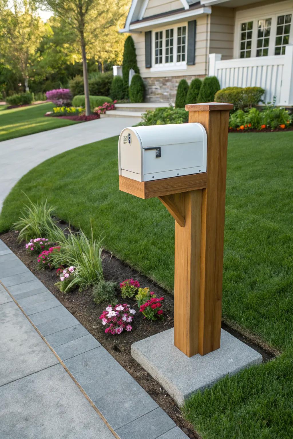 A sleek wooden mailbox post with clean lines for a modern touch.