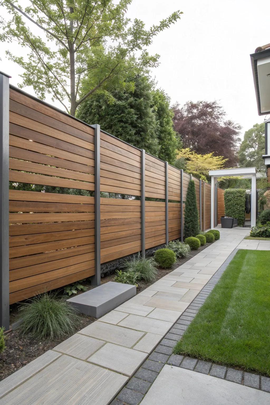 Horizontal wood panels with metal posts for a sleek look