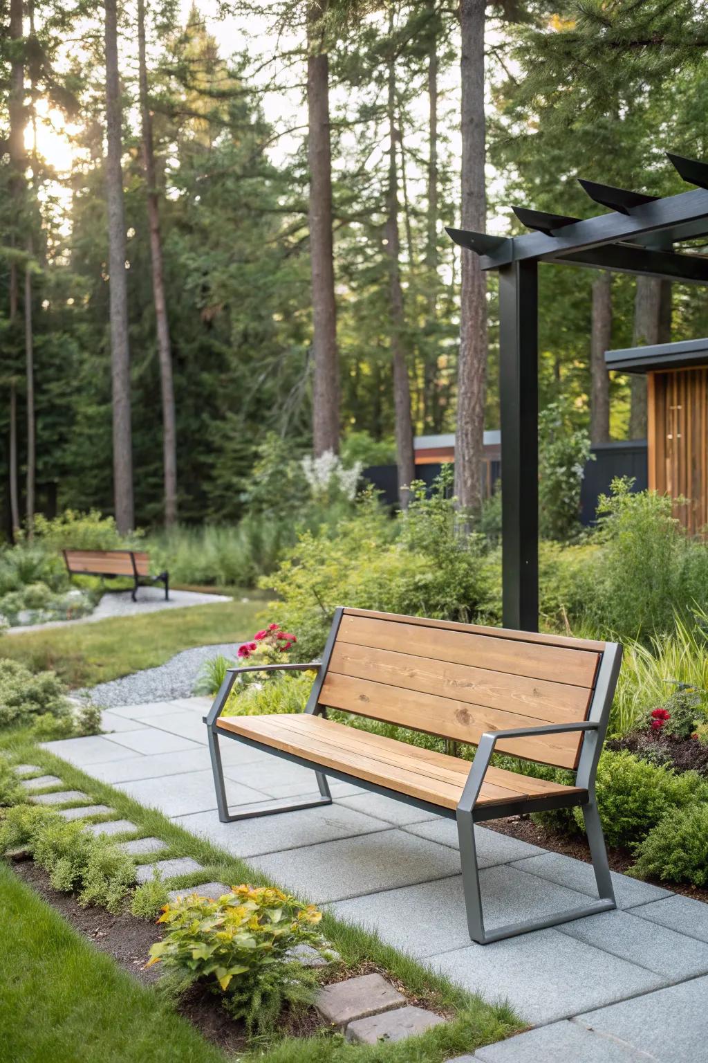 A modern wooden and metal bench in a lush backyard.