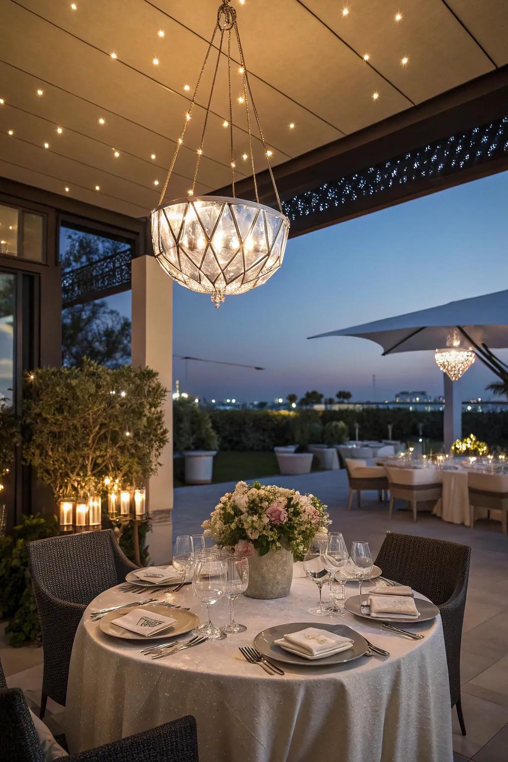 Elevate your outdoor dining with a chic chandelier.