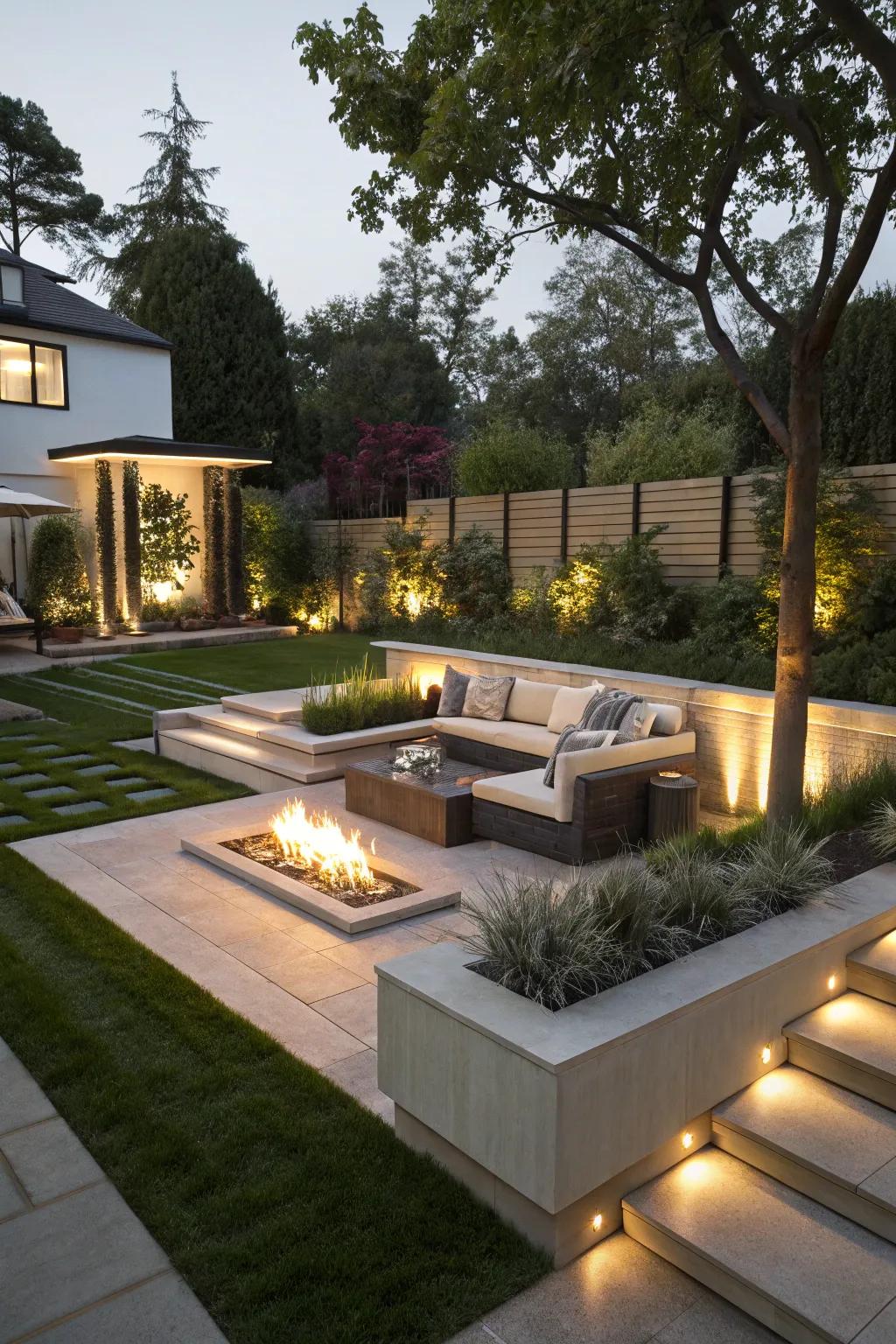 A modern fire pit surrounded by comfortable seating in a stylish backyard.