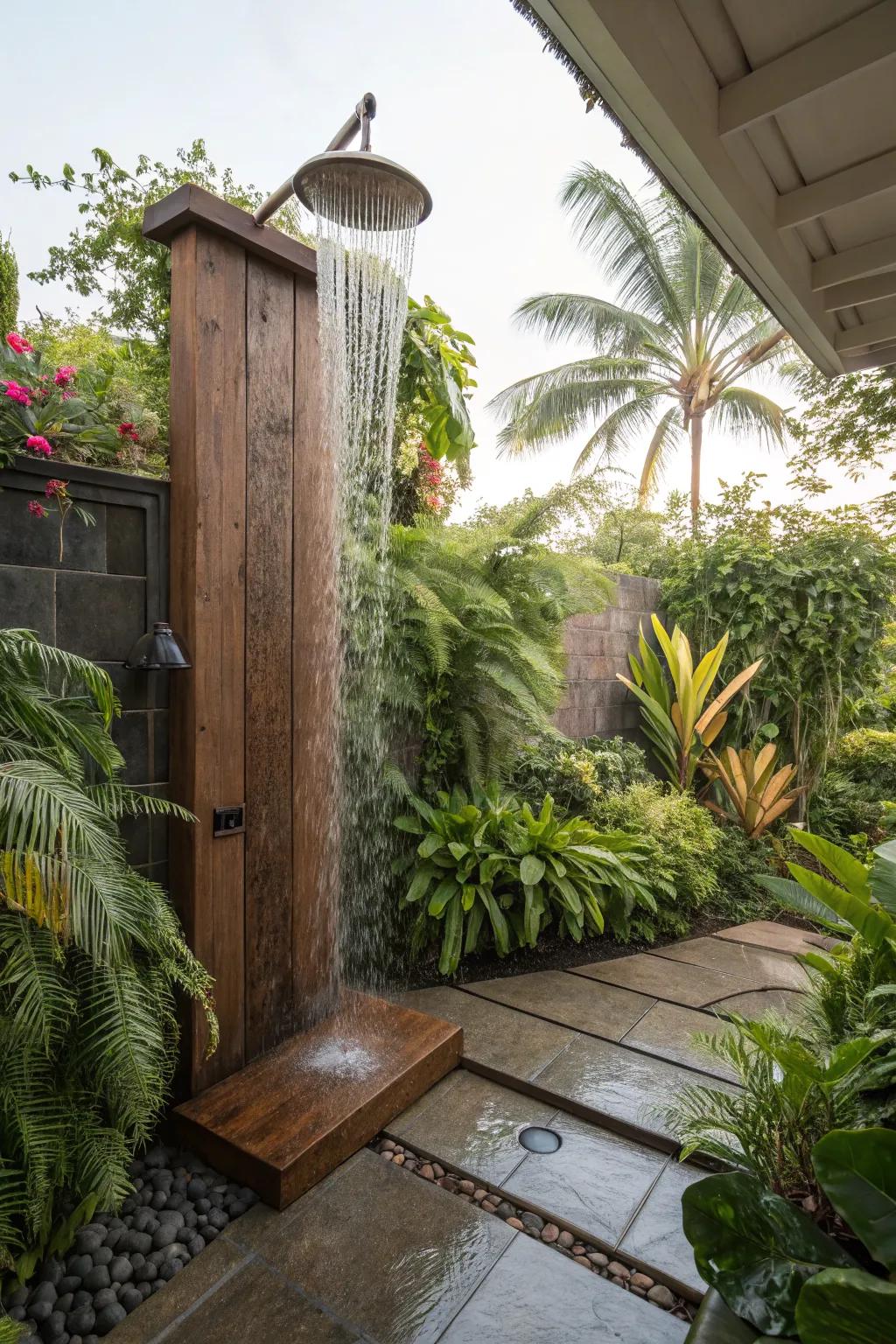 An outdoor shower enveloped by greenery for a refreshing, natural feel.