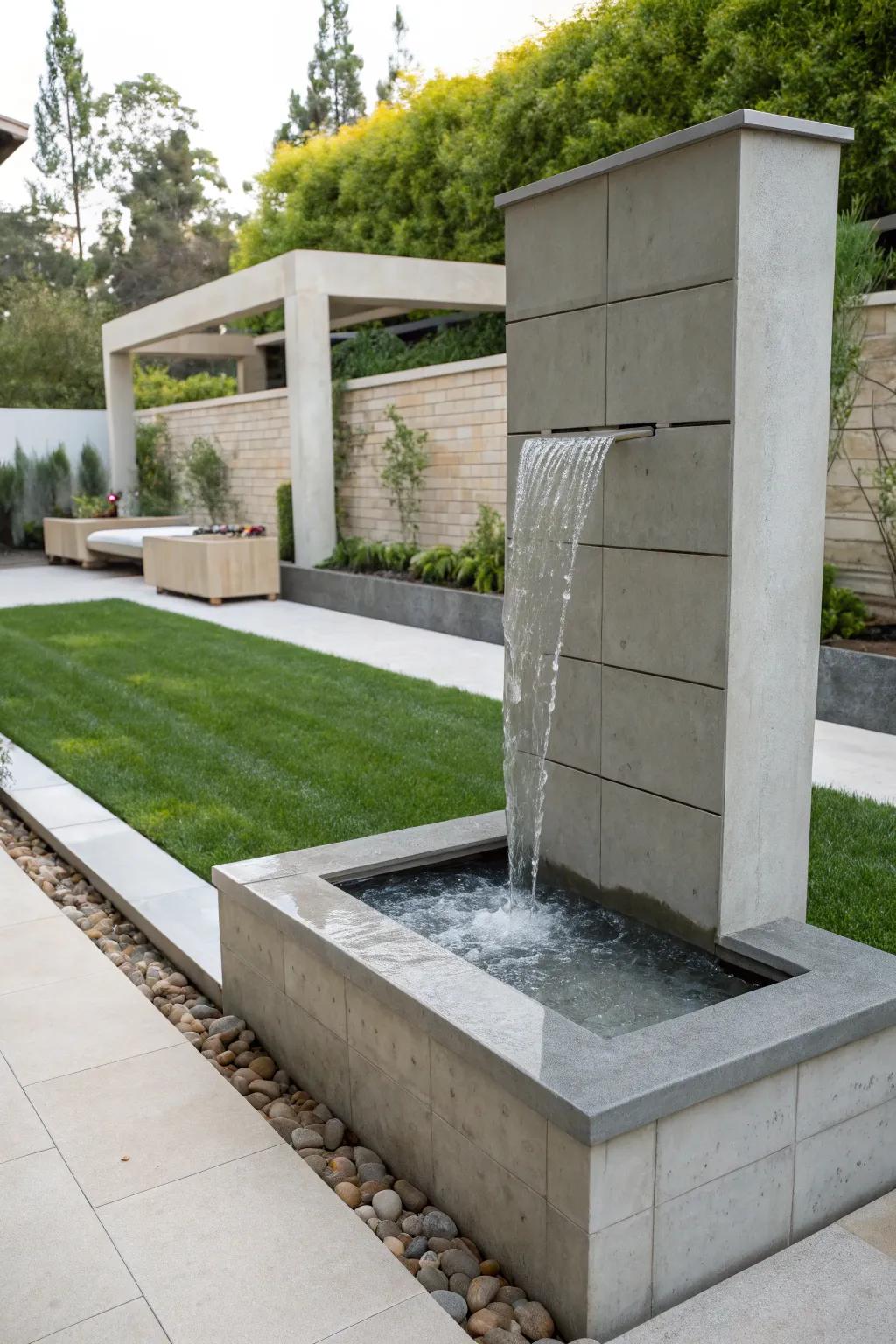 Minimalist water wall fountain using concrete and stone in a modern garden.