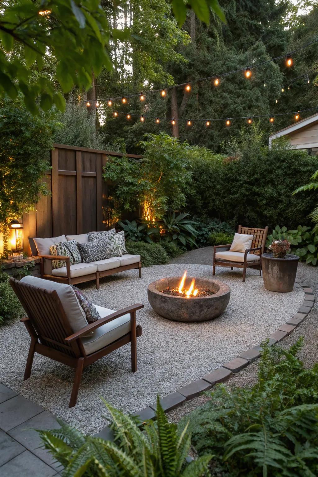 A fire pit is the heart of a welcoming pea gravel patio.