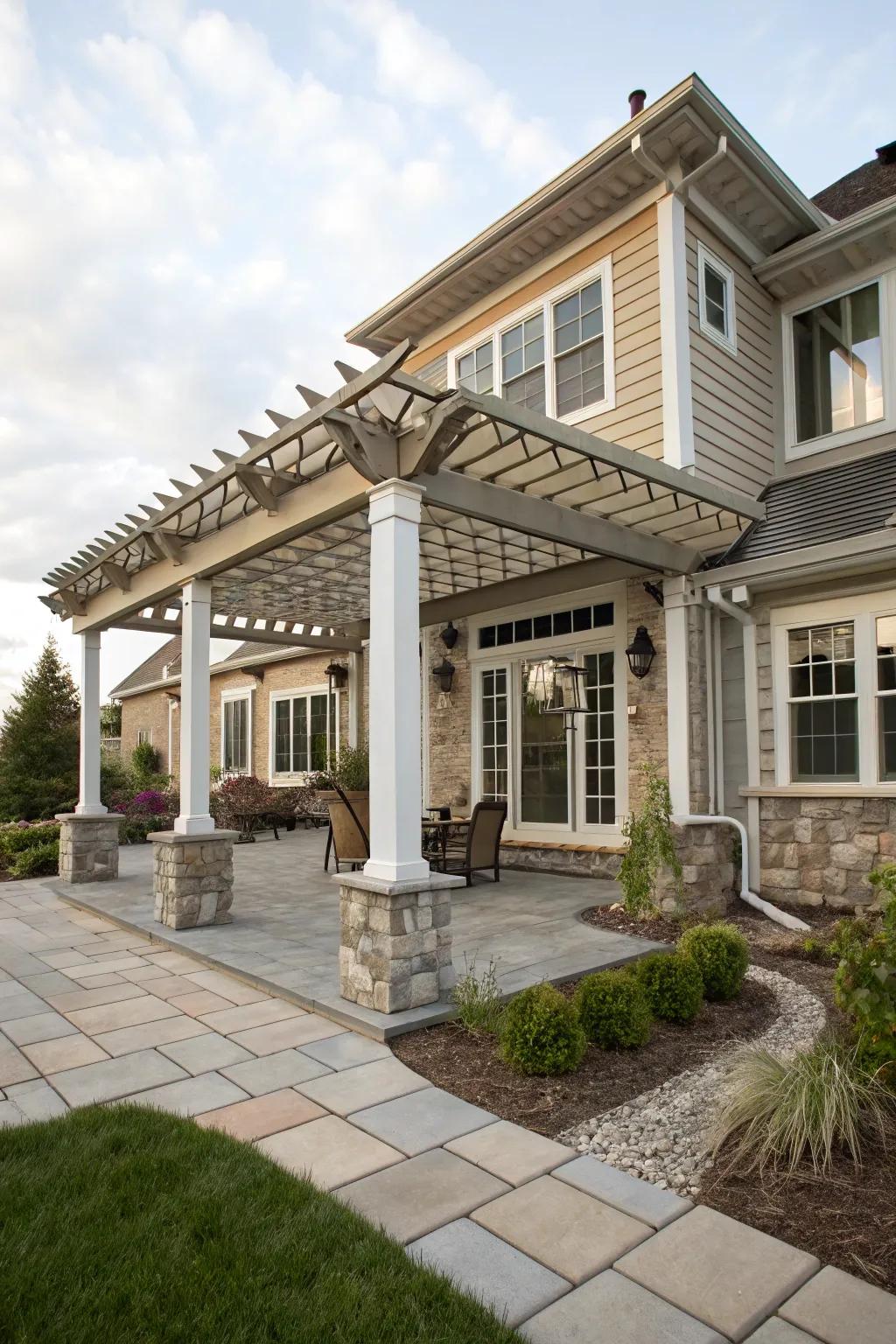 A pergola designed to seamlessly integrate with the home's architecture, creating a harmonious exterior.
