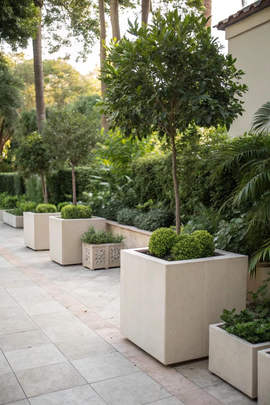 Minimalist planters add a touch of elegance to any garden.