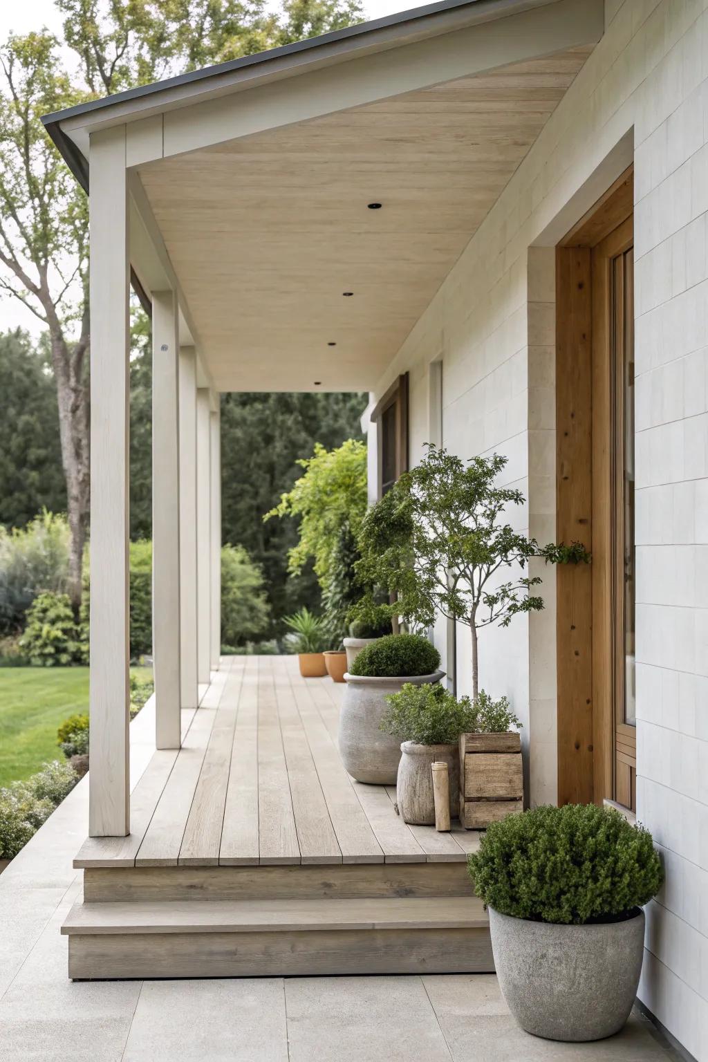 A minimalist porch with clean lines and neutral colors.