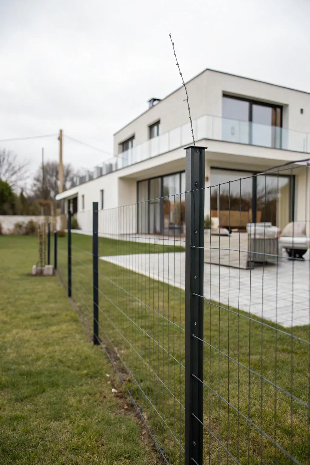 Sleek minimalism with modern post and wire fencing.
