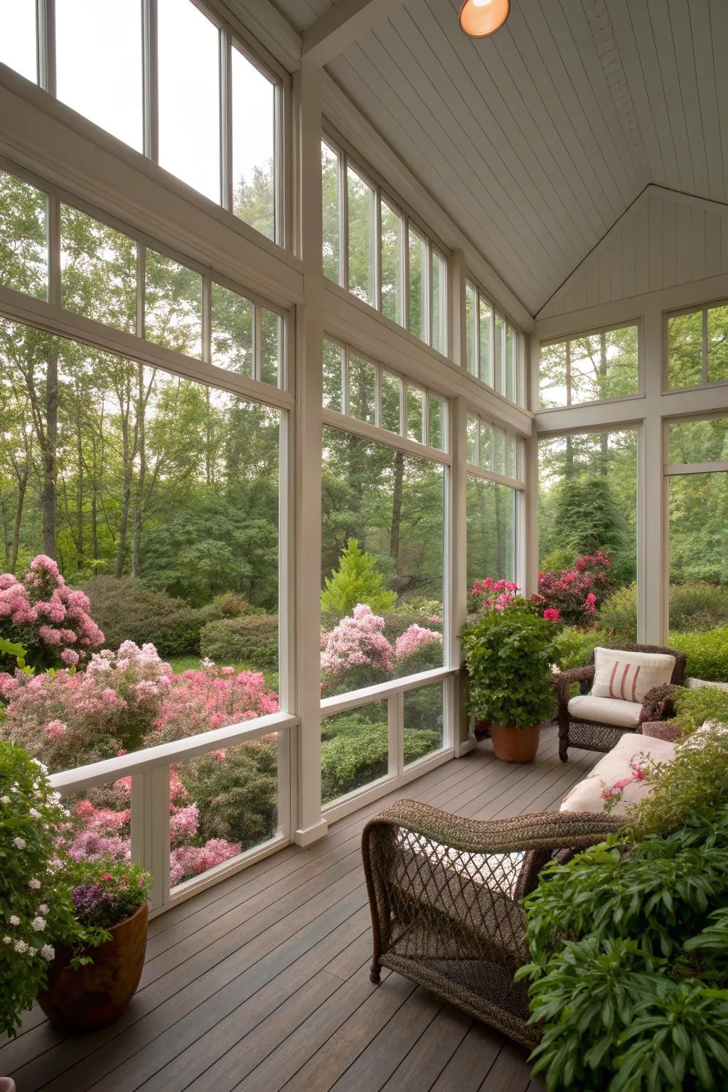 An open and airy screened-in porch that beautifully embraces the garden view.