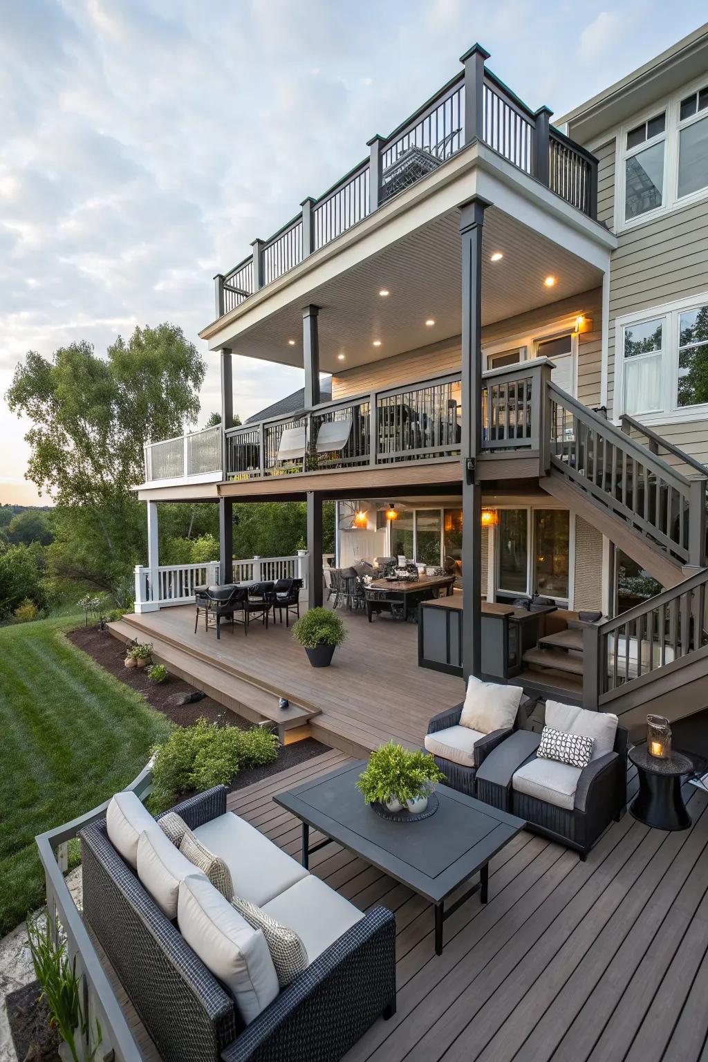 A multi-level deck offering varied spaces for different activities.