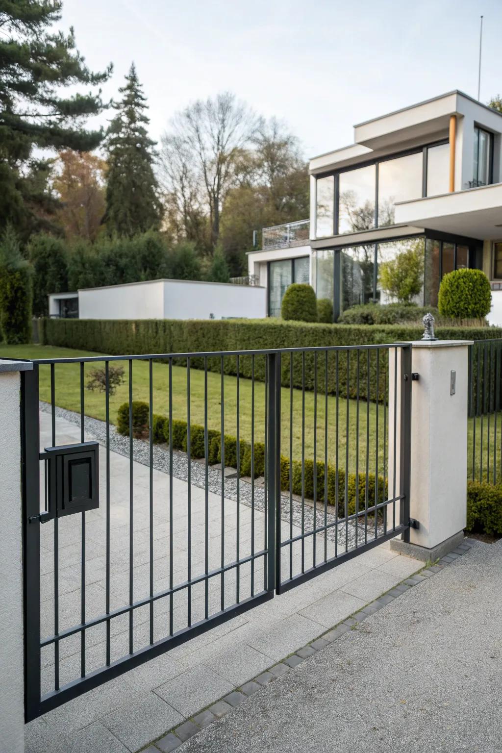 A minimalist sliding gate with clean lines for a sleek entrance.