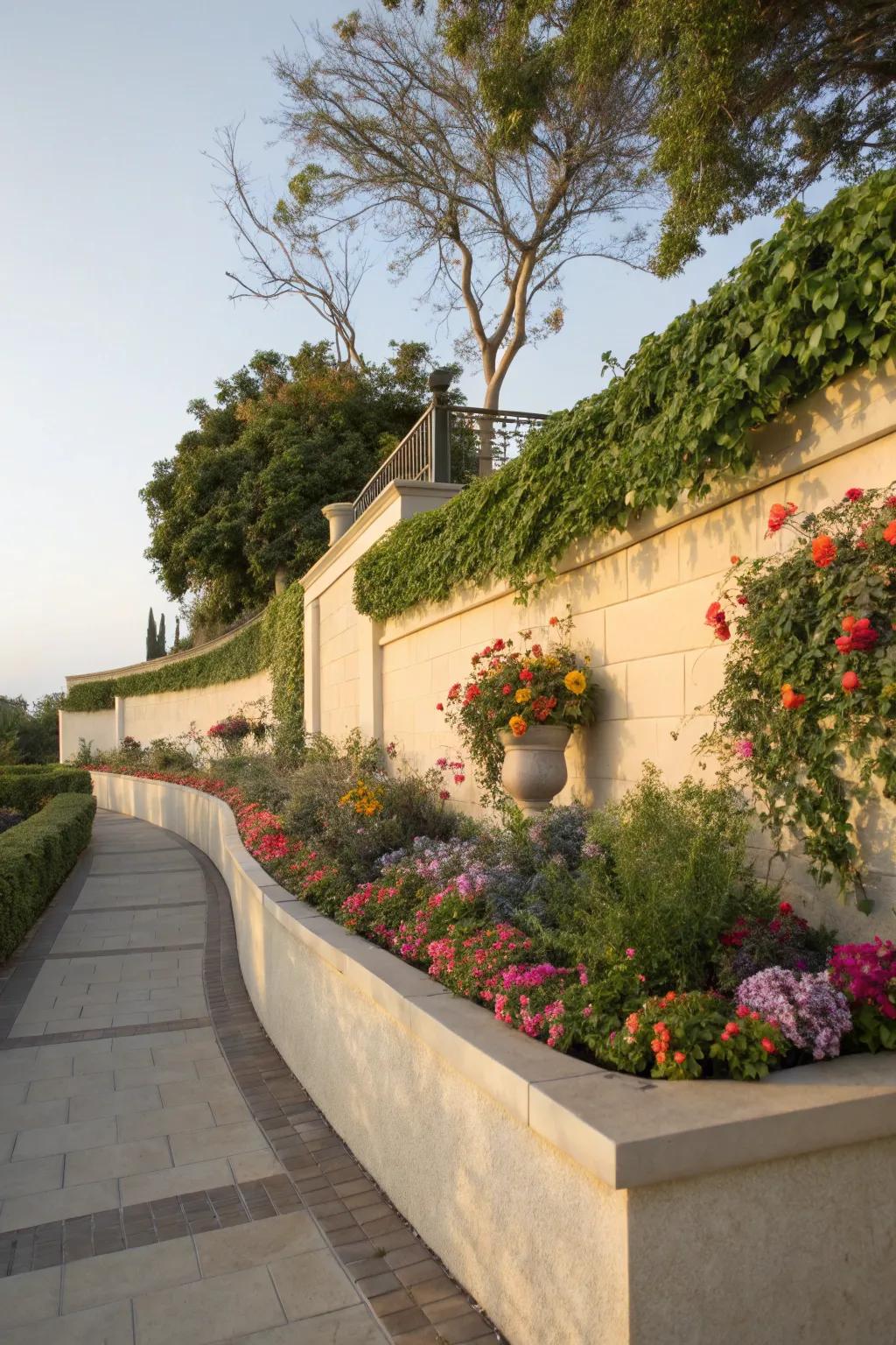 Stucco wall beautifully integrated with a garden for a seamless appearance.