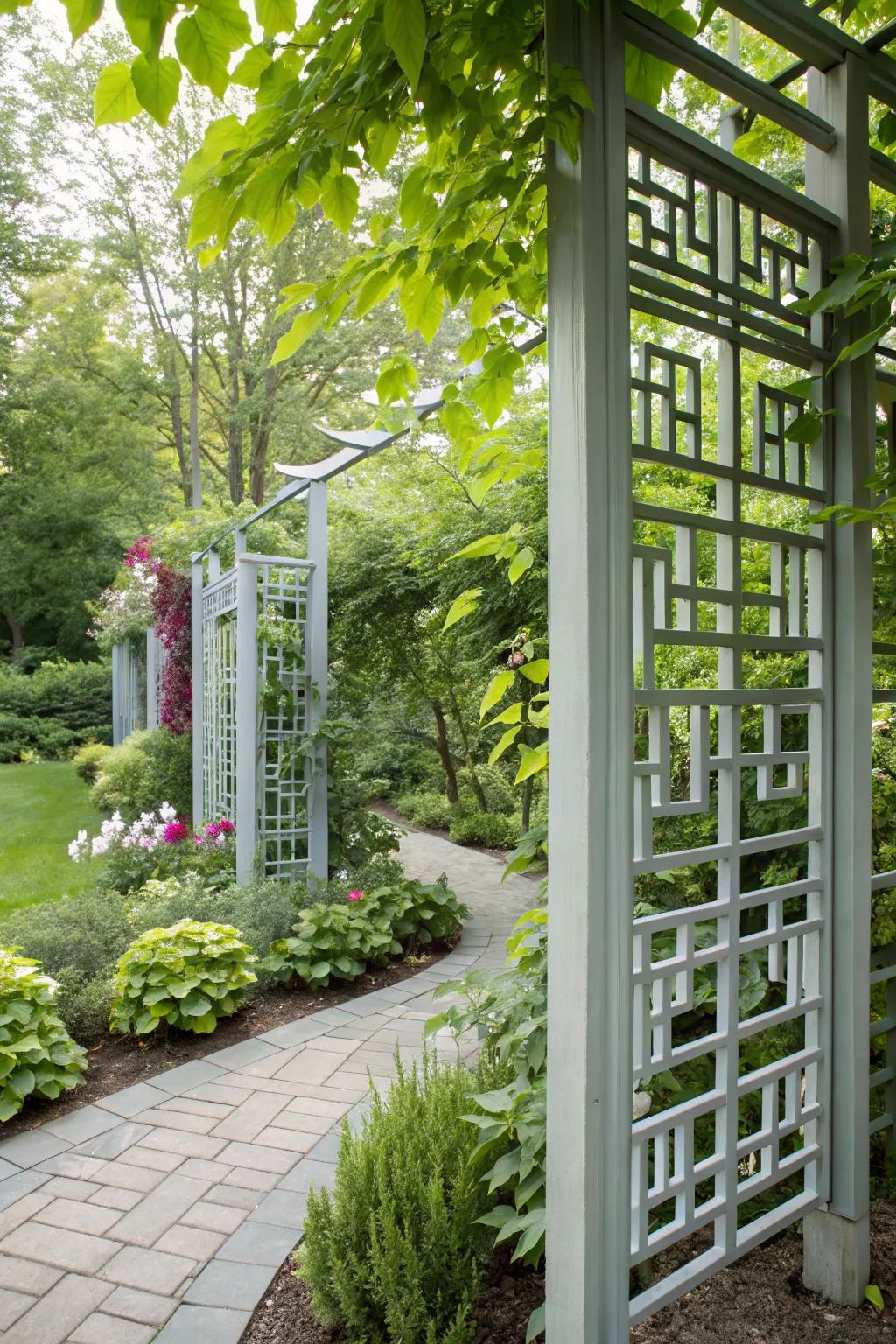 A geometric trellis adds a sophisticated touch to any garden.
