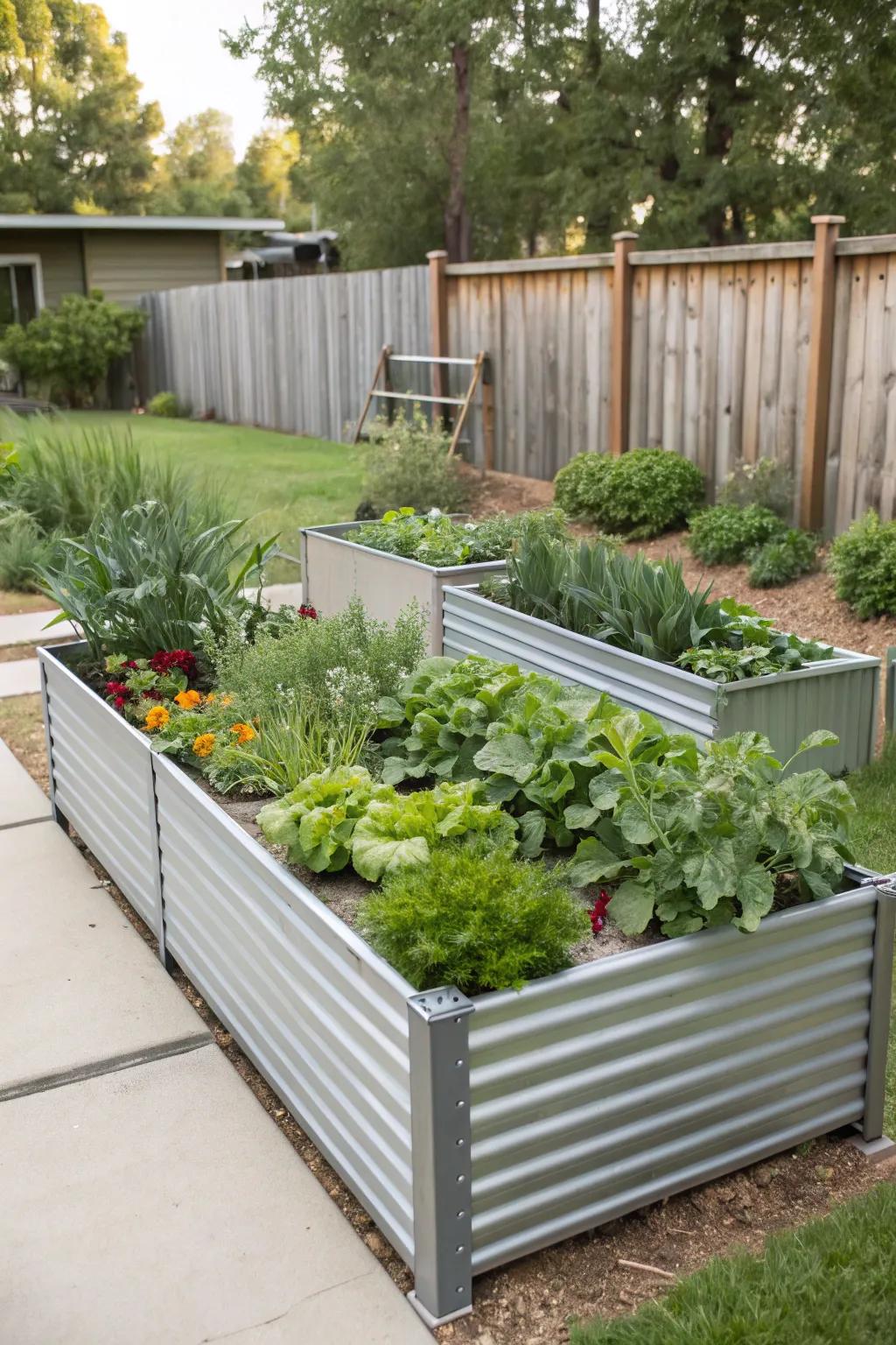 Chic metal raised garden beds filled with an array of vegetables.