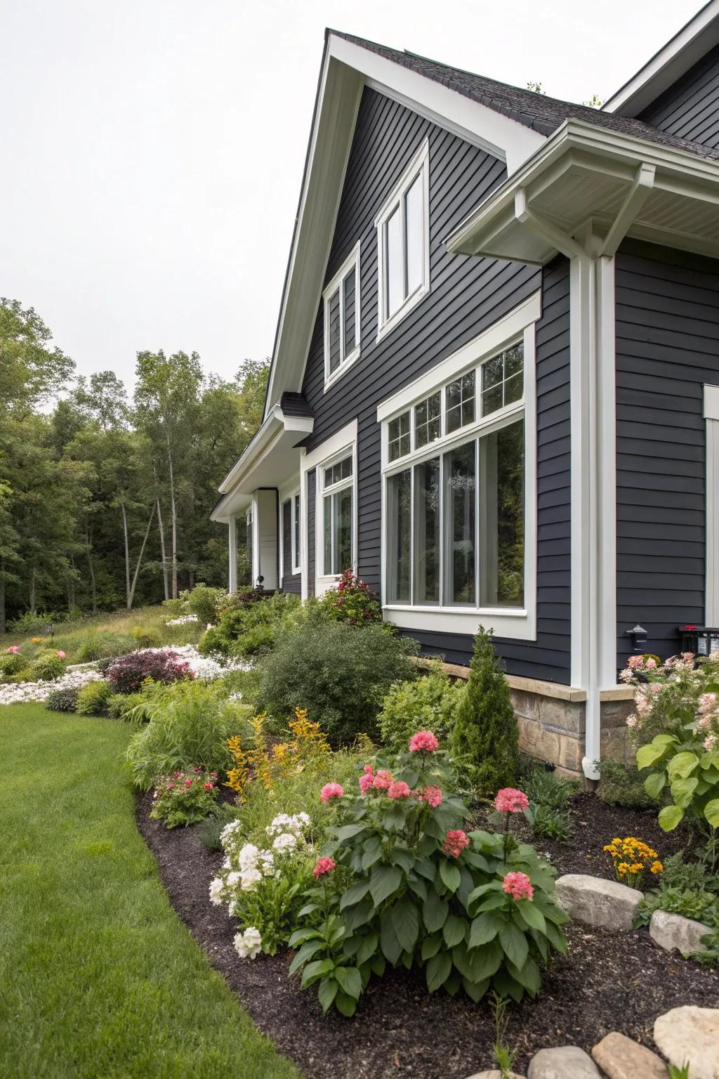 Dark vinyl siding contrasts beautifully with light trims for a sophisticated look.