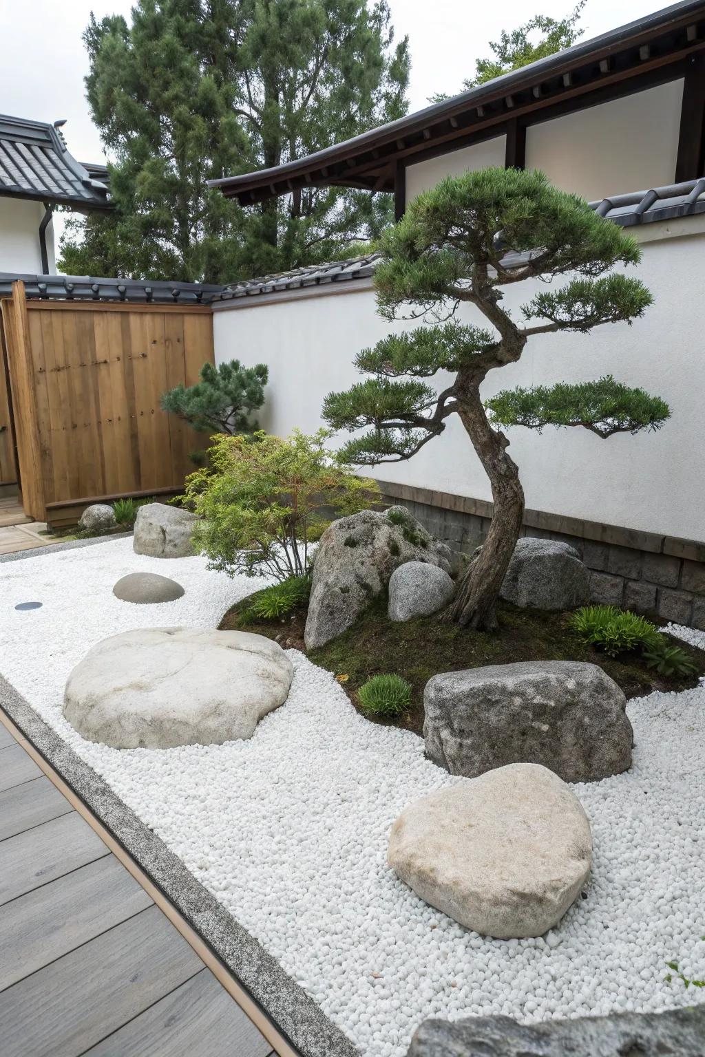 A Zen retreat with white pebbles offers a peaceful escape in your garden.