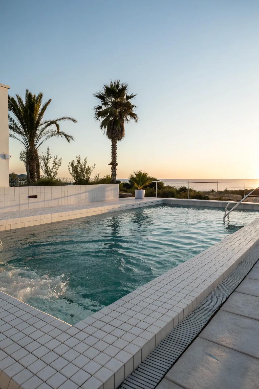 A minimalist pool design with sleek white tiles and crystal-clear water.