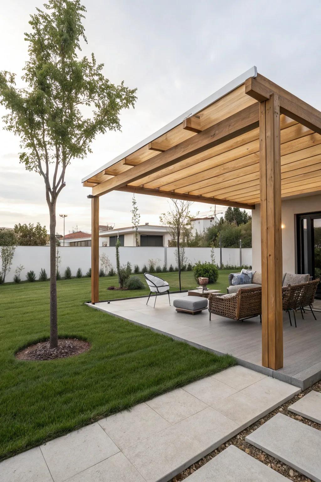 A minimalist wooden awning with clean lines, adding a touch of modern elegance.