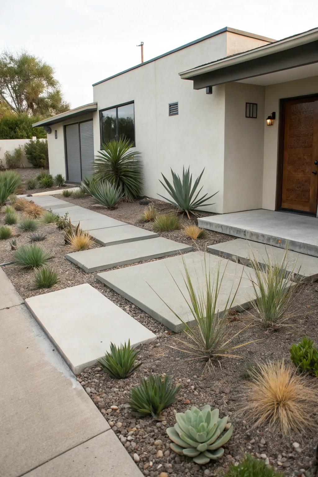 A minimalist xeriscape front yard with clean lines and simple plant arrangements.