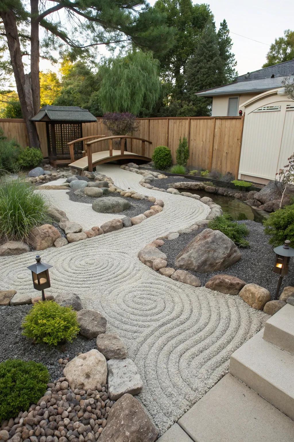 Intricate raked sand patterns in a modern Zen garden.