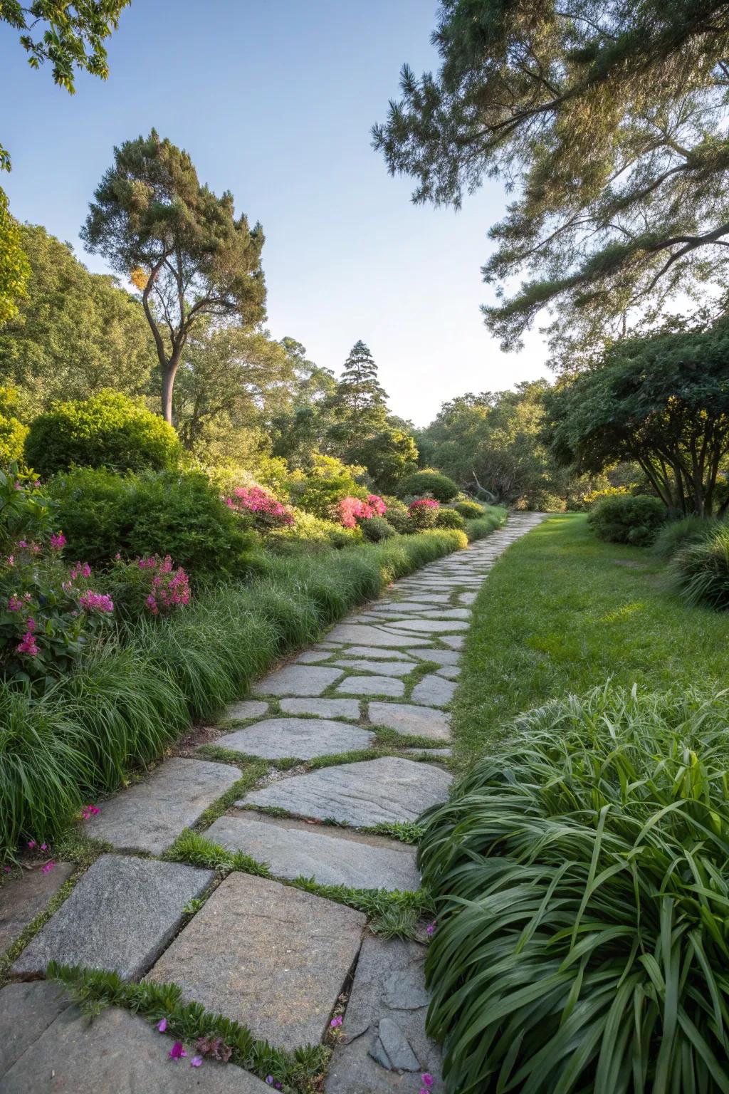 A peaceful stone pathway bordered by mondo grass, bringing a Zen-like calm to the garden.