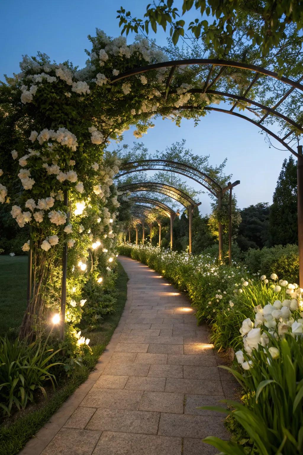 A garden pathway softly illuminated, guiding you through a moonlit oasis.