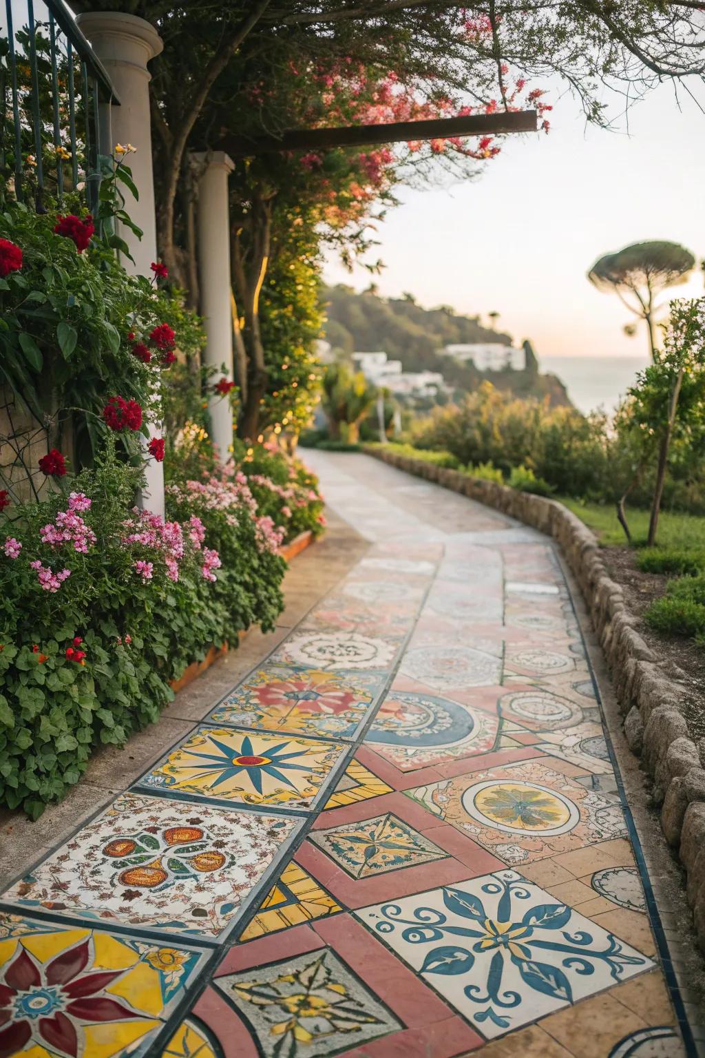 A garden pathway adorned with vibrant mosaic tiles, creating a lively and colorful atmosphere.