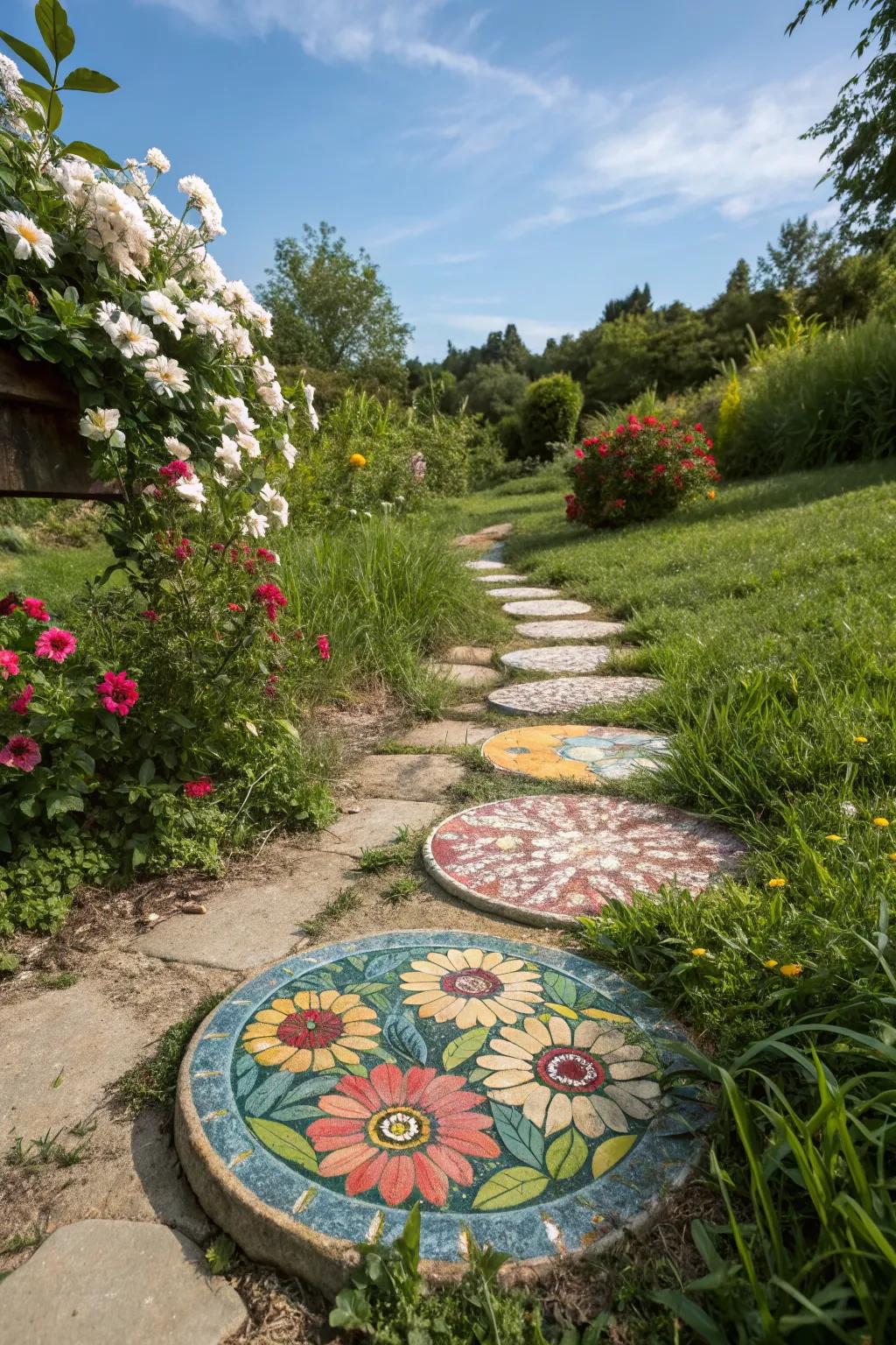 Floral mosaic stepping stones add a touch of nature to your garden path