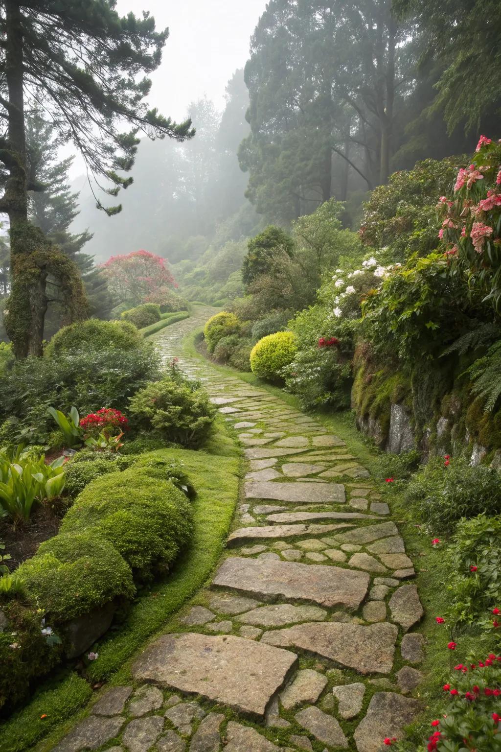 A winding stone pathway, elegantly covered with soft green moss, inviting exploration.