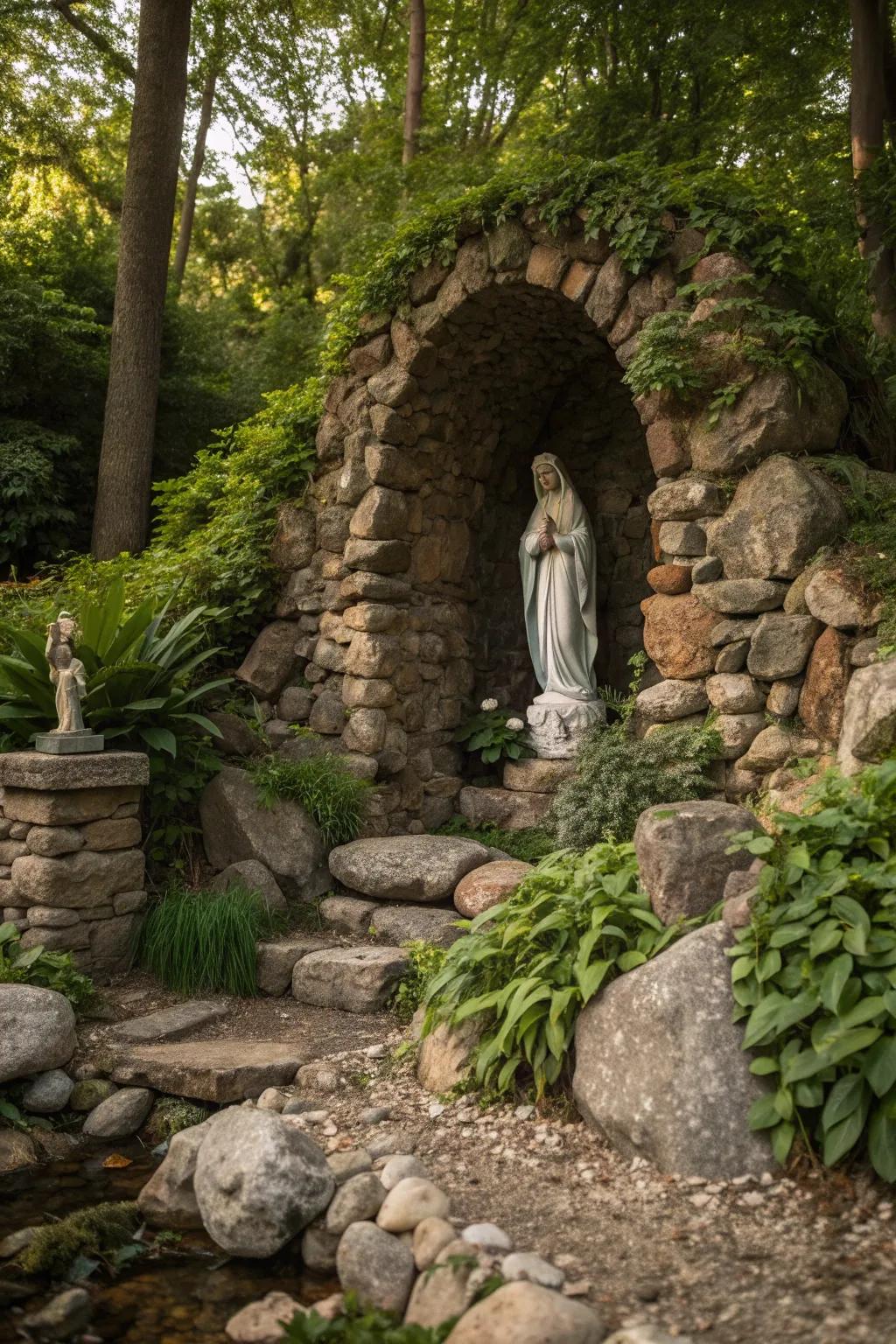 A rustic stone grotto provides a timeless charm.