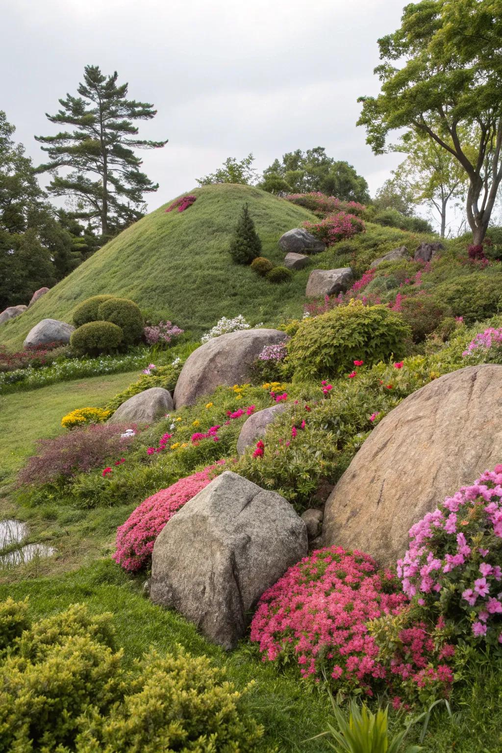 Boulders add a touch of drama to any mound landscape.