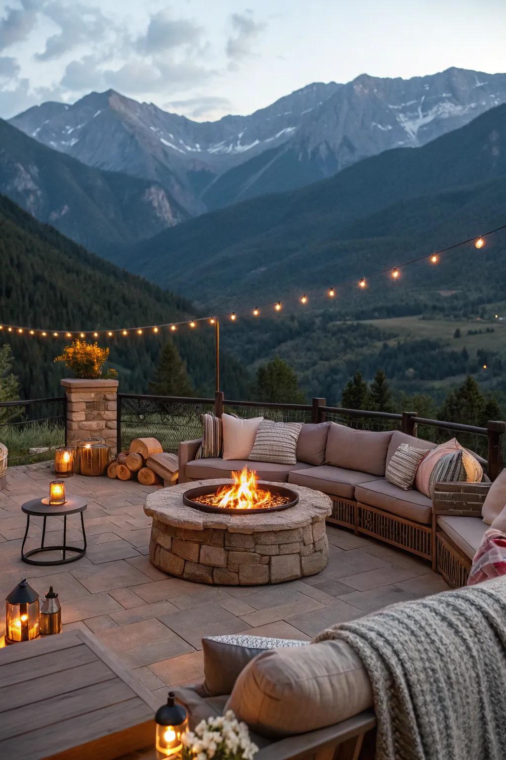 Gather around a warm fire pit with stunning mountain views.